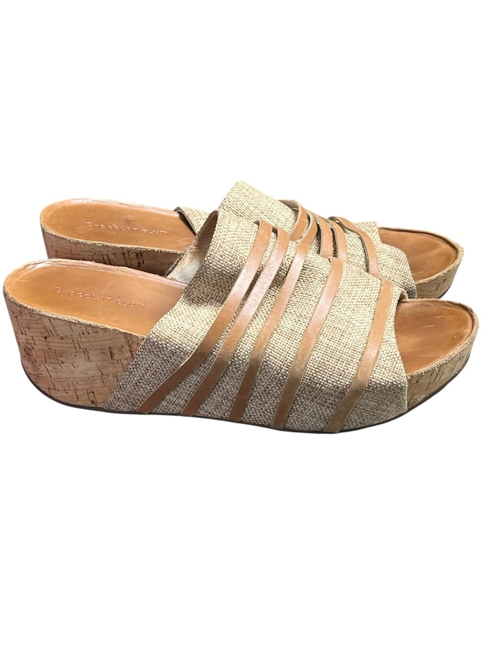 Chocolat Blu Wapi tan woven and brown leather cork wedge slip on sandals boho